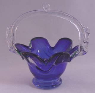 Vintage Italian Murano Art Blue Glass Posy Basket Italy Venetian