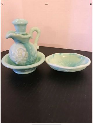 Vintage Avon Blue Green Slag Glass Mini Pitcher,  Wash Basin Bowl & Soap Dish