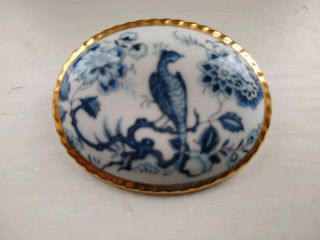 Vintage Jewellery Aynsley Fine Bone China Blue Delft Style Oval Peacock Brooch