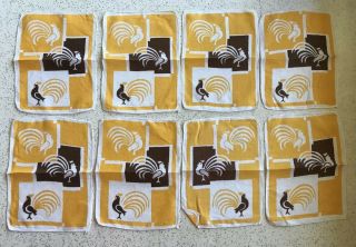 Fabric Cocktail Napkins Set Of 8 Vintage Matching Roosters Gold Brown