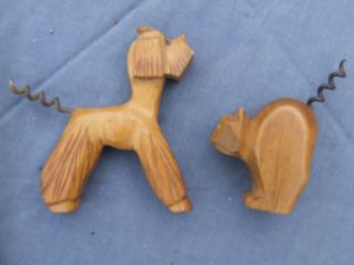 Two Corkscrews Vintage One Of A Dog And Cat Carved In Wood From Circa 1950