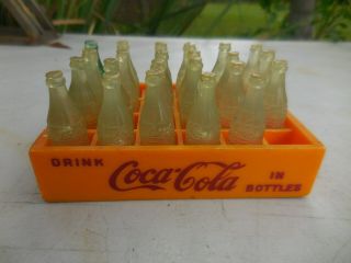 Vintage Minature Coca Cola Mini Coke Bottle Toy In Yellow Plastic Crate Case