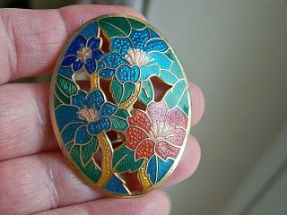 Vintage Jewellery Gorgeous Cloisonne Enamel Orchid Lily Flowers Brooch Shawl Pin