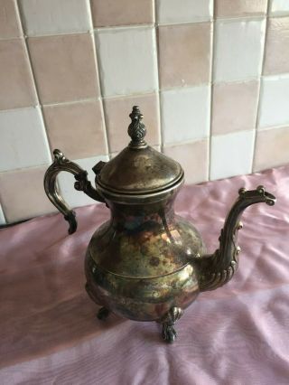 F B Rogers Vintage silver plated tea pot standing on 4 hoof feet 2