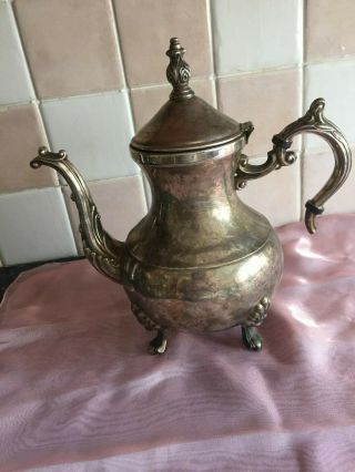 F B Rogers Vintage silver plated tea pot standing on 4 hoof feet 3