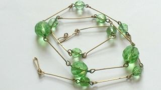Czech Vintage Art Deco Green Faceted Glass Bead Necklace Rolled Gold Wire