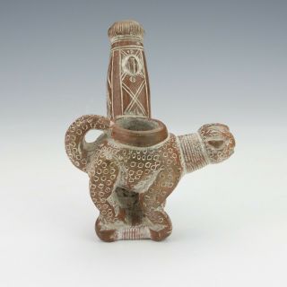 Vintage South American Peruvian - Carved Terracotta Leopard Formed Pipe
