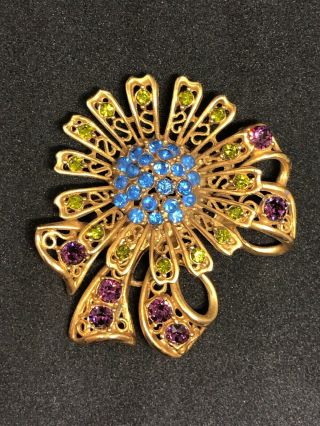Vintage Gold Tone Purple And Blue Suffragette Flower Brooch