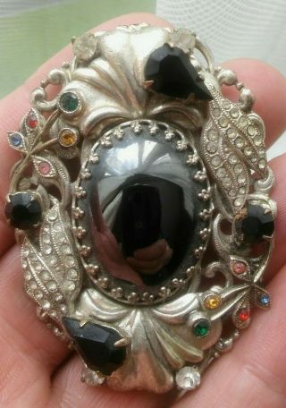 Vintage Retro White Metal Pewter? Pin Brooch With Black & Coloured Glass Stones