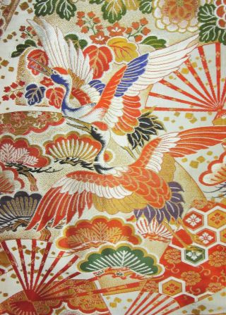 Vintage Japanese Kimono Wedding Obi Fabric Piece Flying Crane Fans Flowers Pine