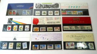 9 X Vintage Gb Stamps Presentation Packs British Army Newton Greenwich Medieval