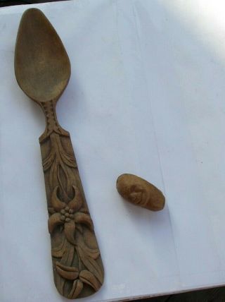 Rare Vintage Large Primitive Wooden Carved Spoon & Nut Figural Floral 10 " Look