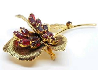 Elegant Vintage Goldtone Ruby Glass Gemstone Mid Century Modernist Floral Brooch