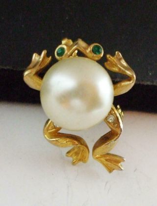 Sweet Little Vintage Jelly Belly Frog Pin Brooch W/big Faux Pearl & Rhinestones