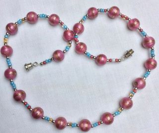 Vintage Pink Satin Glass Beaded Necklace/gold Aventurine Swirls Multi Seed Beads