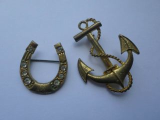 2 Vintage Circa Early 20th Century Anchor & Horseshoe Brooches
