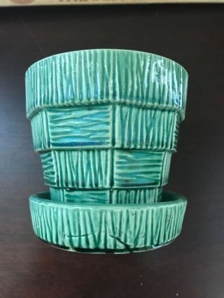 Vintage Mccoy Art Pottery Usa Green Basket Weave Small Flower Pot Planter