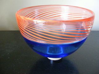 Vintage Studio Art Glass Blue & Orange Bowl Vase - Signed