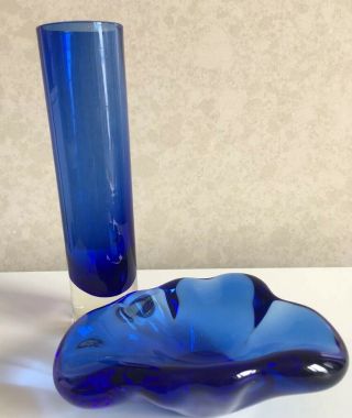 Retro/vintage Dark Blue Cased Glass?large Bud Vase And Blue Dish Ashtray Cobalt