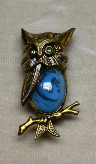 Vintage Damascene Blue Cabochon Jelly Belly Owl Pin Brooch