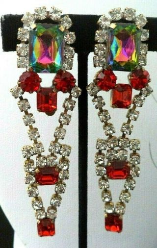 Vintage Signed Bijoux Mg Heliotrope Red Rhinestone 3 7/8 " Post Earrings G783k