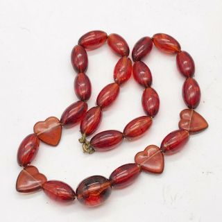 Vintage Cherry Red Amber Bakelite Love Heart Bead Ladies Necklace