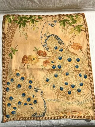 Vintage Needlepoint Crewel? Tapestry Wall Hanging Peacocks - Wow Detail
