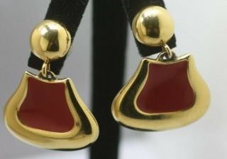 Vintage Gold Tone Red Enamel Drop Dangle Signed Monet Post Pierced Earrings