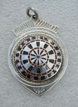 Vintage 1953 Silver darts medal with enamelled dart board Lymington League 2