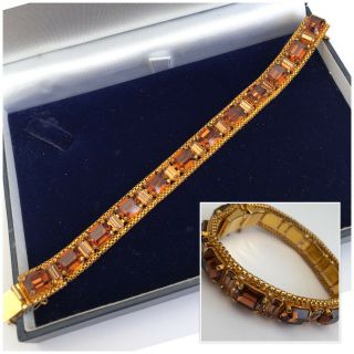 Vintage Costume Jewellery Exquisite Gold Tone Citrine Glass Stone Bracelet