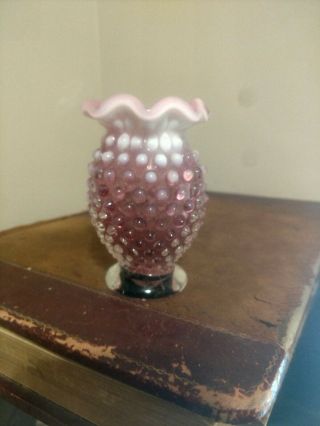Vintage Cranberry Opalescent Hobnail Vase - 3 1/2 " Fenton