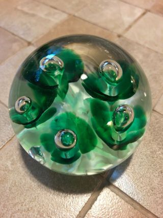 Vintage Bob St.  Clair Paper Weight Green White Flowers Bubbles
