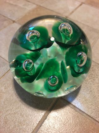 Vintage Bob St.  Clair Paper Weight Green White Flowers Bubbles 2