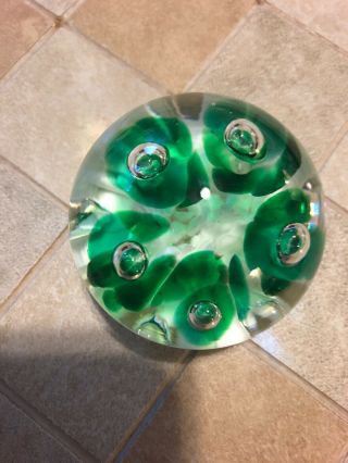 Vintage Bob St.  Clair Paper Weight Green White Flowers Bubbles 3