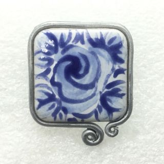 Vintage Blue White Ceramic Tile Brooch Pin Silver Tone Costume Jewelry