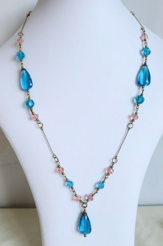 Vintage Czech Glass Art Deco Style Turquoise Blue/pink Wired Bead Necklace