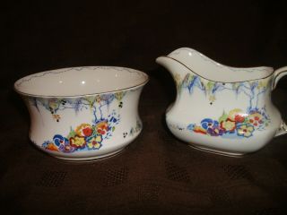 Vintage Carlton China " Springtime " Art Deco Lovely Floral Sugar Bowl & Jug