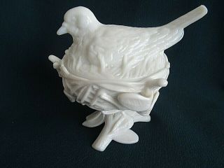 Vintage French White Opaline Glass Bird Sitting On Pedestal Nest Lidded Bowl