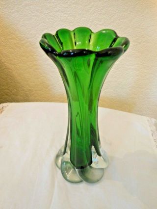 Vintage Heavy Green & Clear Cased Glass Vase Twist Rib 8 " Tall Murano ? Czech ?