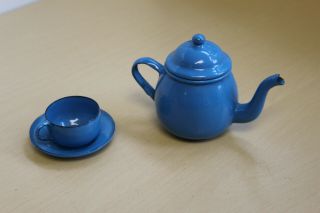 Nm Vintage Graniteware Blue Toy Teapot And Cup And Saucer