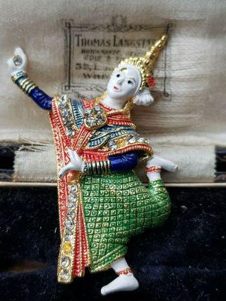 Lovely Vintage Enamel And Rhinestone Siam Siamese Figural Dancer Brooch Pin