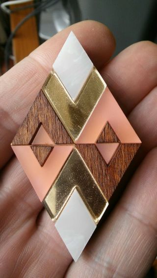 Vintage Artisan Modernist Wooden Diamond Shaped Brooch Signed