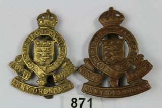 Vintage Military Cap Badges X2 Royal Army Ordnance Corp One Cast Metal 871