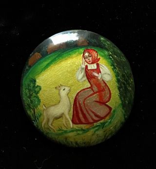 Vintage Wood Hand Painted Russian ? Brooch Woman & Goat 2 " M007