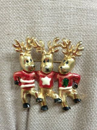 Vintage Brass Gold Effect Metal Brooch 3 Reindeer In Christmas Jumpers,  Novelty