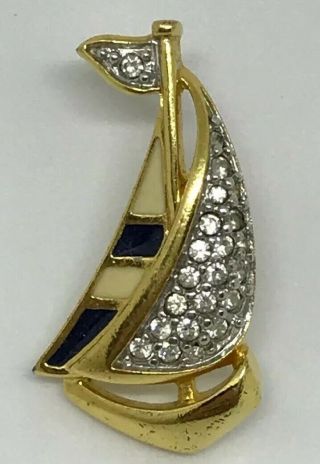 Vintage Sailboat Pin Brooch Enamel Rhinestones Gold Tone Boat Nautical Jewelry