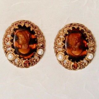 Vintage Estate Signed W Germany Glass Cameo 1 " Clip Earrings