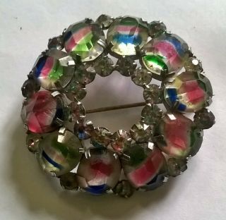 Vintage Rainbow Glass Facet Cut Ring Brooch Oval Baguettes Diamante