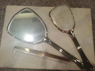 Vintage Vanity Mirror Brush Comb Set In Emery Bird Thayer Box