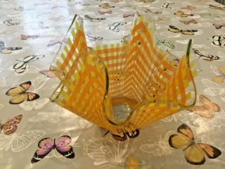 Chance Handkerchief Vase / Bowl Vintage Medium Orange Yellow Clear Gingham